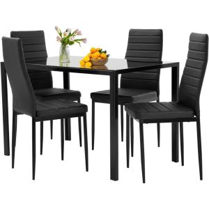 imageFDW  5Piece Dining Table Set  Black  Glass Kitchen Table with 4 Upholstered Chairs and Faux Leather Cushions  SpaceSaving and Modern Design  for Dining Room Easy to AssembleBlack Glass
