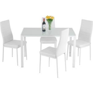 imageFDW  5Piece Dining Table Set  Black  Glass Kitchen Table with 4 Upholstered Chairs and Faux Leather Cushions  SpaceSaving and Modern Design  for Dining Room Easy to AssembleWhite Glass