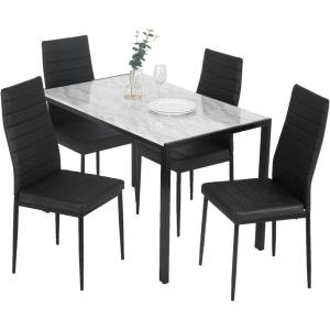 imageFDW  5Piece Dining Table Set  Black  Glass Kitchen Table with 4 Upholstered Chairs and Faux Leather Cushions  SpaceSaving and Modern Design  for Dining Room Easy to AssembleWhite Marble