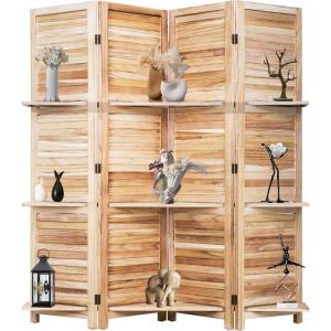 imageFDW 4 Panel Room Divider Folding Privacy Wooden Screen with Three Clever Shelf Portable Partition Wood Divider for Home Office WhiteNatural