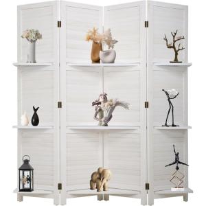 imageFDW 4 Panel Room Divider Folding Privacy Wooden Screen with Three Clever Shelf Portable Partition Wood Divider for Home Office WhiteWhite