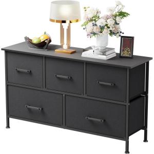 imageFDW 5 Fabric Drawers Dresser for BedroomChest Organizer Units with Steel Frame and Wooden Top for BedroomClosetLiving Room EntrywayBrownBlack