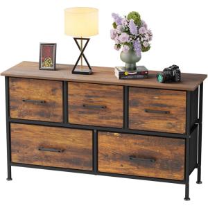 imageFDW 5 Fabric Drawers Dresser for BedroomChest Organizer Units with Steel Frame and Wooden Top for BedroomClosetLiving Room EntrywayBrownBrown