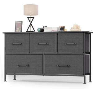 imageFDW 5 Fabric Drawers Dresser for BedroomChest Organizer Units with Steel Frame and Wooden Top for BedroomClosetLiving Room EntrywayBrownGrey