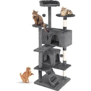 imageFDW Cat Tree 54in Cat Tower MultiLevel Durable Cat Scratching Post ampamp Cozy Fun Cat Jumping Platform Space Saving Cat Condo Pet Play House for Indoor CatsNavy BlueLight Gray