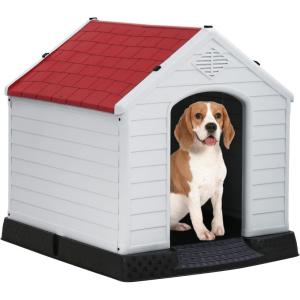 imageFDW Dog House Indoor Outdoor Durable Ventilate Waterproof Pet Plastic Dog House for Small Medium Large Dogs Insulated Puppy Shelter Kennel Crate with Air Vents and Elevated FloorRed