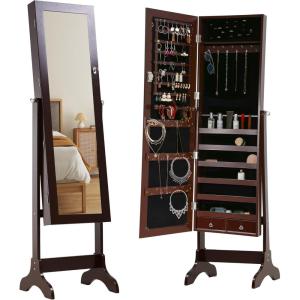 imageFDW Jewelry Cabinet 61quot H WallDoor Mounted Lockable Jewelry Armoire With 2 Drawers 6 Shelves 433quot106quot Mirror High Capacity Jewelry Organizer BrownBrown
