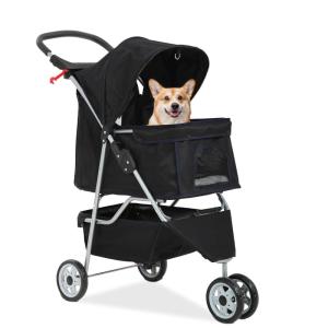 imageFDW Pet Stroller 3Wheel Durable Foldable Cat Dog Stroller with Washable Liner Storage Basket Cup HolderPurpleDark Black