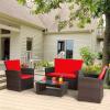imageFDW 4 Piece Patio Furniture Sets Wicker Conversation Set 4 AllWeather Outdoor Sectional Patio Sofa for Porch Deck with Blue Cushion Brown Rattan Sofa ChairBrown and Red