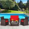 imageFDW 4 Piece Patio Furniture Sets Wicker Conversation Set 4 AllWeather Outdoor Sectional Patio Sofa for Porch Deck with Blue Cushion Brown Rattan Sofa ChairBrown and Red