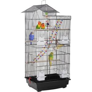 imageFDW 39 Inch Bird Cage Parakeet Cage with Play Top Rolling Stand ampamp Easy Clean PullOut Tray Roof Top Parrot Cage for for Finches Canaries Parakeets Cockatiels ampamp Other Small Birds Black