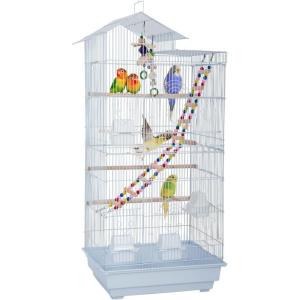 imageFDW 39 Inch Bird Cage Parakeet Cage with Play Top Rolling Stand ampamp Easy Clean PullOut Tray Roof Top Parrot Cage for for Finches Canaries Parakeets Cockatiels ampamp Other Small Birds White