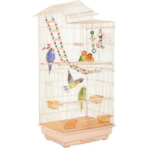 imageFDW 39 Inch Bird Cage Parakeet Cage with Play Top Rolling Stand ampamp Easy Clean PullOut Tray Roof Top Parrot Cage for for Finches Canaries Parakeets Cockatiels ampamp Other Small Birds Almond