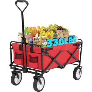 imageFDW 39L Collapsible Wagon Cart Heavy Duty Utility Folding Wagon for Outdoor Sports 330 LBS Weight Capacity Camping Garden and Shopping BlackRed