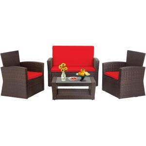 imageFDW 4 Piece Patio Furniture Sets Wicker Conversation Set 4 AllWeather Outdoor Sectional Patio Sofa for Porch Deck with Blue Cushion Brown Rattan Sofa ChairBrown and Red