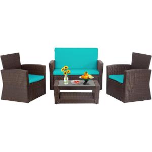 imageFDW 4 Piece Patio Furniture Sets Wicker Conversation Set 4 AllWeather Outdoor Sectional Patio Sofa for Porch Deck with Blue Cushion Brown Rattan Sofa ChairBrown and Blue
