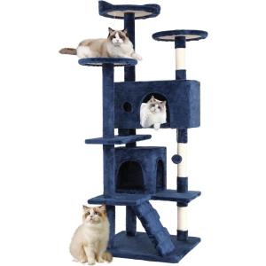 imageFDW Cat Tree 54in Cat Tower MultiLevel Durable Cat Scratching Post ampamp Cozy Fun Cat Jumping Platform Space Saving Cat Condo Pet Play House for Indoor CatsBeigeDark Blue