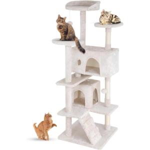 imageFDW Cat Tree 54in Cat Tower MultiLevel Durable Cat Scratching Post ampamp Cozy Fun Cat Jumping Platform Space Saving Cat Condo Pet Play House for Indoor CatsBeigeBeige