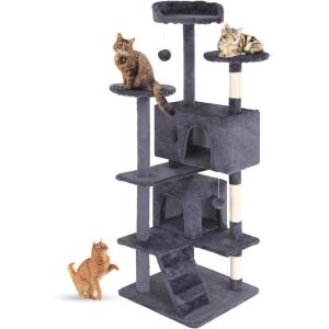 imageFDW Cat Tree 54in Cat Tower MultiLevel Durable Cat Scratching Post ampamp Cozy Fun Cat Jumping Platform Space Saving Cat Condo Pet Play House for Indoor CatsBeigeAshy
