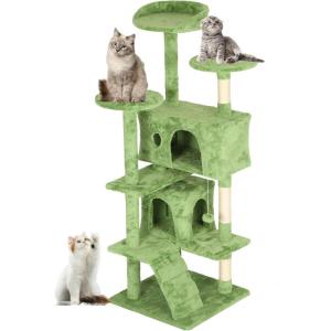 imageFDW Cat Tree 54in Cat Tower MultiLevel Durable Cat Scratching Post ampamp Cozy Fun Cat Jumping Platform Space Saving Cat Condo Pet Play House for Indoor CatsBeigeGreen