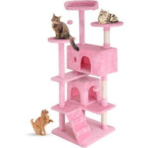 imageFDW Cat Tree 54in Cat Tower MultiLevel Durable Cat Scratching Post ampamp Cozy Fun Cat Jumping Platform Space Saving Cat Condo Pet Play House for Indoor CatsDark GrayPink