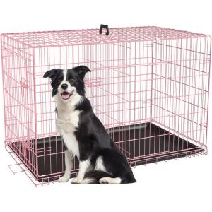 imageFDW Dog Crate for Large Dogs 42 Inch Folding Metal WirePet Cage Double Door WDivider Panel Indoor Outdoor Kennel LeakProof Plastic TrayPink