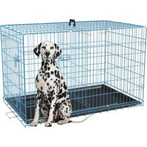 imageFDW Dog Crate for Large Dogs 48 Inch Folding Metal WirePet Cage Double Door WDivider Panel Indoor Outdoor Kennel LeakProof Plastic TrayBlue
