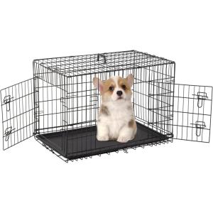 imageFDW Dog Crate for Medium Dogs 30 Inch Folding Metal WirePet Cage Double Door WDivider Panel Indoor Outdoor Kennel LeakProof Plastic TrayBlack