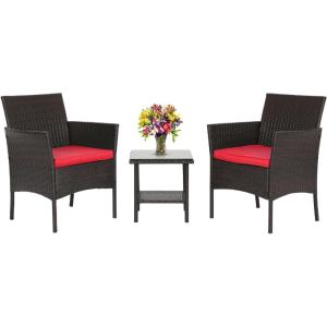 imageFDW Wicker Outdoor Furniture Patio Furniture Set of 3 Rattan Patio Chairs Outdoor Chairs Patio Conversation Set with Coffee Table for Yard Backyard Lawn Porch Poolside BalconyBlackBrown and Red