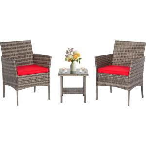 imageFDW Wicker Outdoor Furniture Patio Furniture Set of 3 Rattan Patio Chairs Outdoor Chairs Patio Conversation Set with Coffee Table for Yard Backyard Lawn Porch Poolside BalconyBlackGray and Red