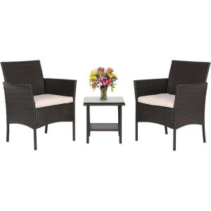 imageFDW Wicker Outdoor Furniture Patio Furniture Set of 3 Rattan Patio Chairs Outdoor Chairs Patio Conversation Set with Coffee Table for Yard Backyard Lawn Porch Poolside BalconyBlackBrown and Khaki