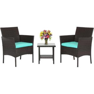 imageFDW Wicker Outdoor Furniture Patio Furniture Set of 3 Rattan Patio Chairs Outdoor Chairs Patio Conversation Set with Coffee Table for Yard Backyard Lawn Porch Poolside BalconyBlackBrown and Blue