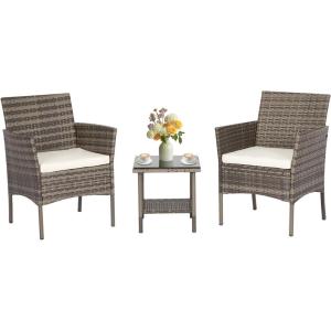 imageFDW Wicker Outdoor Furniture Patio Furniture Set of 3 Rattan Patio Chairs Outdoor Chairs Patio Conversation Set with Coffee Table for Yard Backyard Lawn Porch Poolside BalconyBlackGray and Khaki