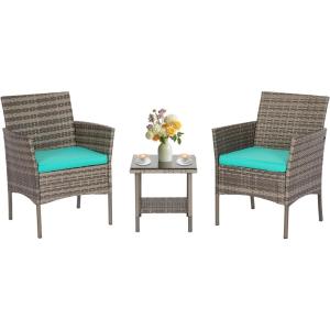 imageFDW Wicker Outdoor Furniture Patio Furniture Set of 3 Rattan Patio Chairs Outdoor Chairs Patio Conversation Set with Coffee Table for Yard Backyard Lawn Porch Poolside BalconyBlackGray and Blue