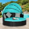 imageOutdoor Round Daybed Wicker Patio Furniture Outdoor Furniture with Retractable Canopy Rattan Separated Seating Sectional Sofa Khaki Washable Cushioned and Three Pillow for Patio Backyard Porch PoolBlue