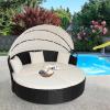 imageOutdoor Round Daybed Wicker Patio Furniture Outdoor Furniture with Retractable Canopy Rattan Separated Seating Sectional Sofa Khaki Washable Cushioned and Three Pillow for Patio Backyard Porch PoolKhaki