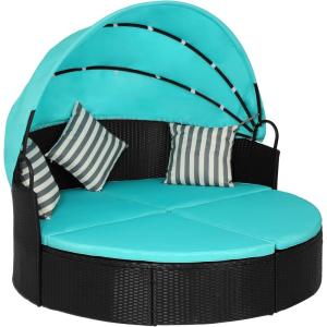 imageOutdoor Round Daybed Wicker Patio Furniture Outdoor Furniture with Retractable Canopy Rattan Separated Seating Sectional Sofa Khaki Washable Cushioned and Three Pillow for Patio Backyard Porch PoolBlue