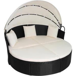 imageOutdoor Round Daybed Wicker Patio Furniture Outdoor Furniture with Retractable Canopy Rattan Separated Seating Sectional Sofa Khaki Washable Cushioned and Three Pillow for Patio Backyard Porch PoolKhaki